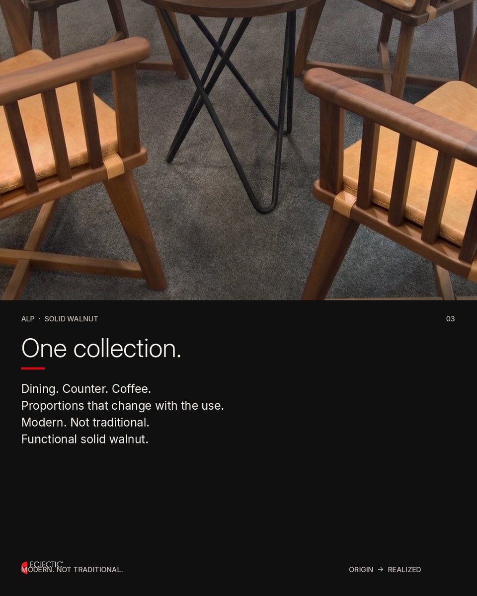 Eclecticfacts's tweet photo. ECLECTIC®
ORIGIN → REALIZED
We create our own ideas.
We also solve yours.
ECLECTIC® COLLECTIONS
A POINT OF VIEW, REALIZED.
#ALP #SolidWalnut #Eclectic #OriginRealized #DesignedToAdapt #ModernNotTraditional #NotDecoration #ArchitectureYouCanSitIn #AlexMarc #ContractFurniture #InteriorArchitecture #DesignSpecification #ArchitectsOfInstagram #HighEndInteriors