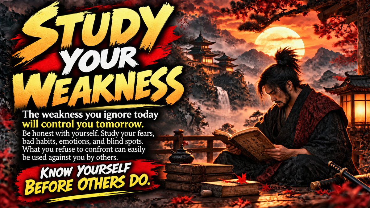 TheInnerPath_'s tweet photo. The weakness you ignore today can control you tomorrow. Study your fears, habits, emotions, and blind spots before they become openings others can use against you.
Know yourself. Confront what is weak. Strengthen what needs work.
#SamuraiWisdom #SelfMastery #MentalStrength #Wisdom #InnerPath #LifeLessons #Mindset