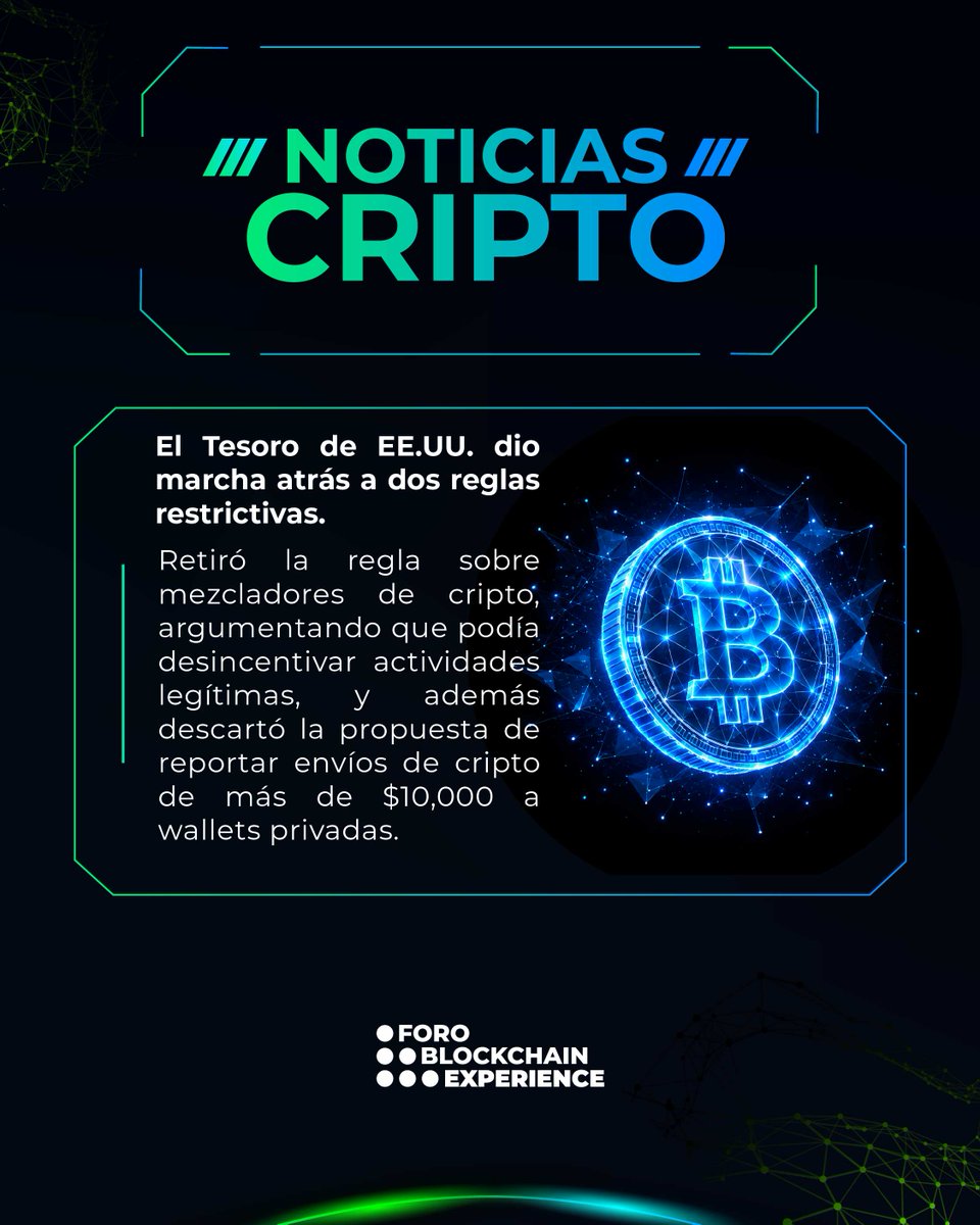 ForoBlockchain's tweet photo. 📢 Buenas noticias para el ecosistema cripto 🚀

El Tesoro de EE.UU. (FinCEN) retiró la propuesta de reportar envíos de +$10,000 a wallets privadas y la de reportar operaciones con mezcladores de cripto.

Menos fricción para la autocustodia 🔓

📰 Fuente: CoinDesk

#Cripto https://t.co/5qz6OYwjqu