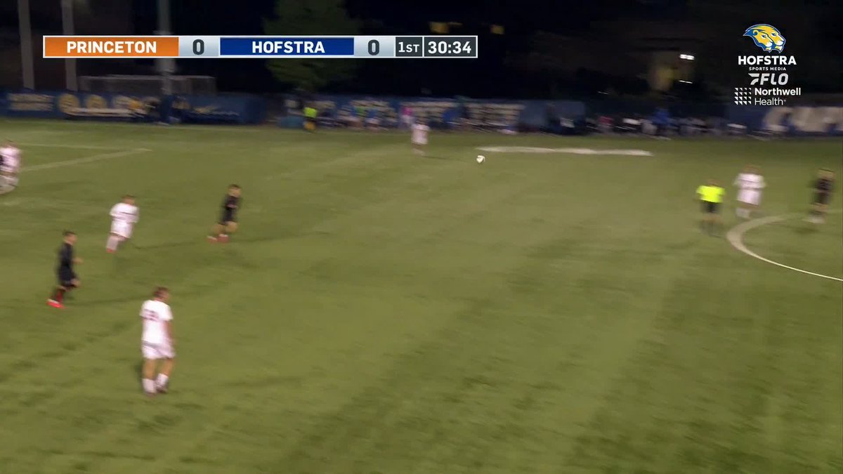 A soccer match between Princeton and Hofstra is shown with the scoreboard indicating a 0-0 tie at 30:34 in the 1st half, broadcast by Hofstra Sports Media via FLO Northwell Health.