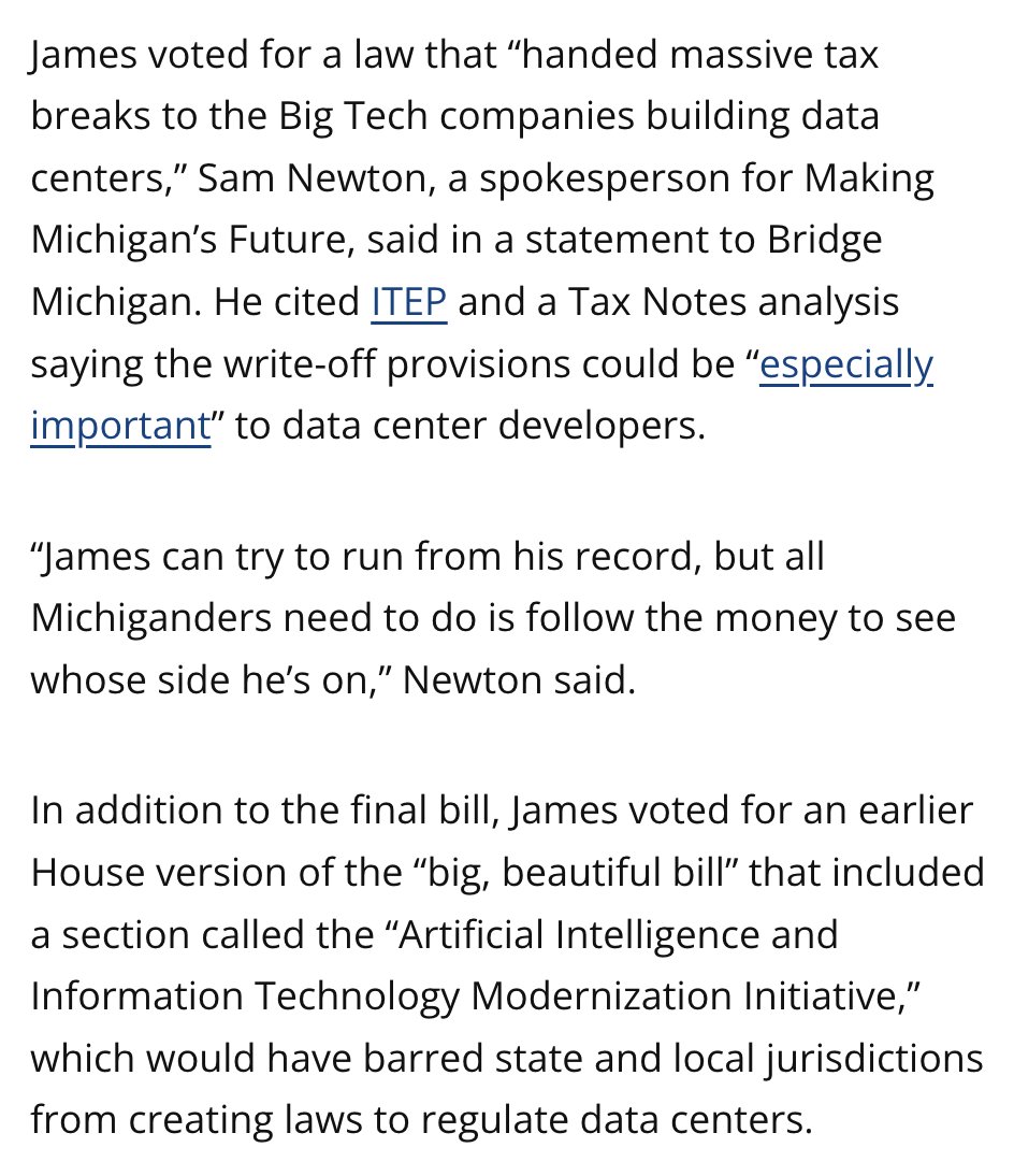 American_Bridge's tweet photo. When John James talks about data centers, remember that he’s taken more than $100,000 from data center developers. #MIGov #MIPolitics https://t.co/vb3YBawcGf