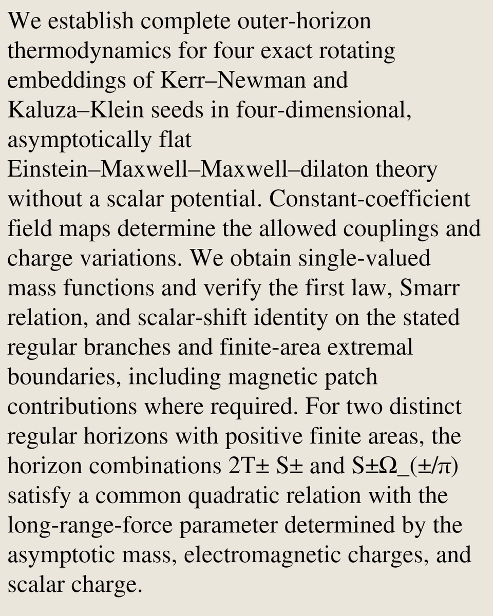 RelativityPaper's tweet photo. Exact Thermodynamics and Two-Horizon Relations of Four Rotating Einstein-Maxwell-Maxwell-Dilaton Embeddings

Hai Huang, Juhua Chen
https://t.co/2H1UMKDls8 [𝚐𝚛-𝚚𝚌] https://t.co/l1ZpTx6XY4