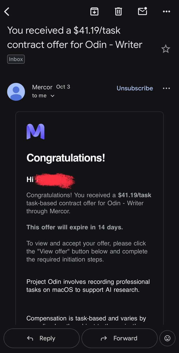 Big_Mascot01's tweet photo. Big win today. 🚀

Just received a contract offer for Project Odin – Writer through Mercor.

$41.19/task, working on professional macOS tasks that contribute to AI research.

Slowly building, learning, and turning skills into opportunities. More to come. 
LINK IN THE COMMENT.
#remotejob #Mercorai