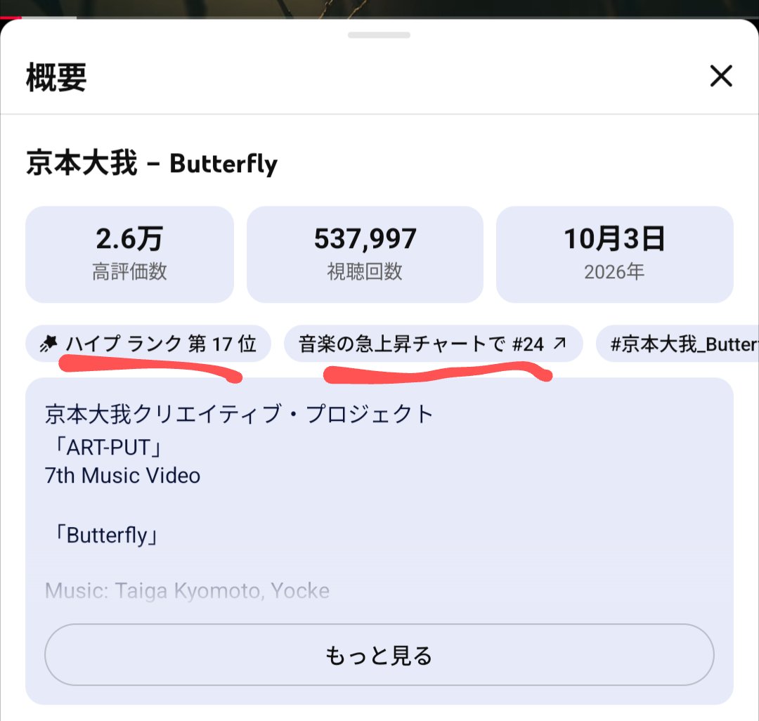 raku_six's tweet photo. Butterflyの動画開いて、ハイプランクの部分を押せばランキングが、急上昇のチャートで…の部分を押せばYouTubeChartsのサイト上のランキングが見れます‼️
手動で再生する時は、これらのランキングからか、「Butterfly　京本大我」とかで検索して見るようにしましょう‼️
#京本大我
#京本大我_Butterfly
#mond_raku_six
https://t.co/MYsjWjO5fN