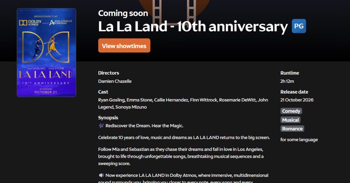 CinegeeksPH's tweet photo. LA LA LAND ARMY ASSEMBLE 💜💜💜 The film is exclusively re-releasing in @ayalacinemas in the Philippines this OCTOBER 21, 2026 FOR ONLY ₱180!!! 

Mark your calendars! This is not a drill!

#lalaland #rerelease https://t.co/YbAIUdx1hz