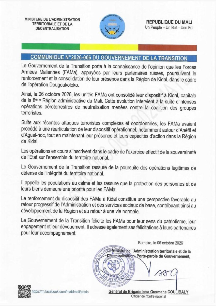 Gouvernememali's tweet photo. #CIGMA #INFO #KIDAL | COMMUNIQUE DU GOUVERNEMENT 

Bamako, le 6 octobre 2026

Plus d'informations sur https://t.co/eSkrkv8uUn https://t.co/meOnBswUYY
