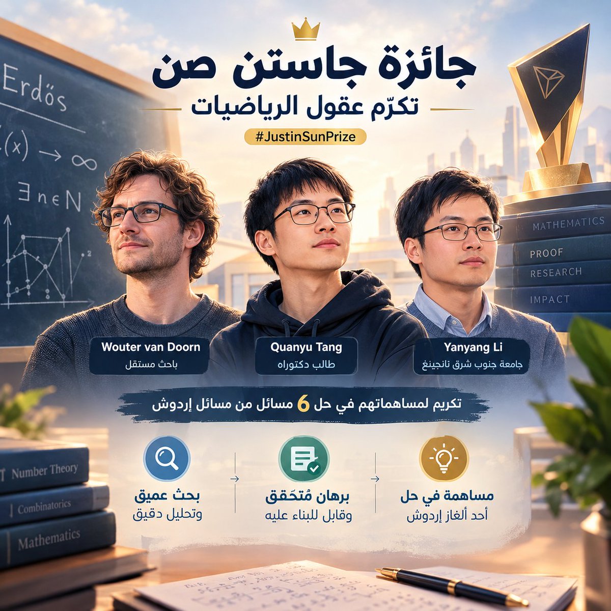 G8TQ6's tweet photo. 🧠 حين تُكافأ العقول التي تطارد المستحيل بصبرٍ استثنائي. ✨

في عالمٍ تُقاس فيه الإنجازات غالبًا بسرعة الوصول إلى النتائج، تأتي الرياضيات لتذكّرنا بأن بعض أعظم الاكتشافات تبدأ من مكان مختلف تمامًا: سؤال لم يجد له العالم جوابًا بعد. 🔍

اليوم، أعلن مكتب جاستن صن عن أحدث الحاصلين على #JustinSunPrize 🏆، في تكريم يسلّط الضوء على ثلاثة أسماء قدّمت مساهمات تمتد عبر ست مسائل من مسائل إردوش:

🔹 الباحث المستقل Wouter van Doorn  
🔹 طالب الدكتوراه في الرياضيات Quanyu Tang  
🔹 الباحث في الرياضيات Yanyang Li من جامعة جنوب شرق نانجينغ.

لكن قيمة هذه الجوائز لا تكمن فقط في الوصول إلى نتائج رياضية جديدة. 📐

الأهم هو الاعتراف بالعمل العميق الذي يقف خلف كل برهان: البحث، التدقيق، البناء المنطقي، ثم تحويل النتيجة إلى برهان يستطيع باحثون آخرون فحصه والتحقق منه بصورة مستقلة. 🔬

وهنا تظهر الفكرة الأهم:

الاكتشاف الحقيقي لا ينتهي عند لحظة العثور على الإجابة؛ بل يبدأ حين تصبح الإجابة قابلة للإثبات والتحقق والبناء عليها. 💡

هذه هي أولى الجوائز المؤكدة ضمن البرنامج 🏆، وهي لحظة تستحق التوقف عندها لأنها تضع الاكتشاف الرياضي ودقة البرهان في قلب المشهد معًا.

مسائل إردوش لطالما مثّلت تحديات فكرية عميقة لعلماء الرياضيات، ولذلك فإن المساهمة فيها ليست مجرد إنجاز أكاديمي عابر؛ إنها إضافة إلى سلسلة طويلة من الأسئلة التي دفعت أجيالًا من الباحثين إلى التفكير بصورة أعمق وأكثر دقة. 🧩📚

ومن هذه الزاوية، تأتي أهمية #JustinSunPrize: ليس فقط باعتباره جائزة، بل باعتباره مساحة للاحتفاء بالعقول التي تعمل بعيدًا عن الضجيج، وتمنح المعرفة شيئًا أكثر قيمة من لحظة التصفيق — برهانًا يمكن للآخرين أن يختبروه بأنفسهم. 🌐

كل مسألة تبدأ كسؤال. ❓  
كل اكتشاف يبدأ كمحاولة. 💭  
لكن عندما يصبح البرهان واضحًا وقابلًا للتحقق، يتحول الجهد الفردي إلى معرفة يمكن للمجتمع العلمي أن يبني عليها. 🧠🏛️

وهذا بالضبط ما يجعل تكريم الباحثين الثلاثة اليوم جديرًا بالاهتمام. 👏

فالمستقبل لا يُبنى فقط بمن يطرحون الأسئلة الكبرى، بل أيضًا بمن يمتلكون الصبر والدقة لتحويل أصعب الأسئلة إلى معرفة مثبتة. 🚀✨

#JustinSunPrize #Mathematics #Erdos  #TGF #TRON
#TRONGlobalFriends