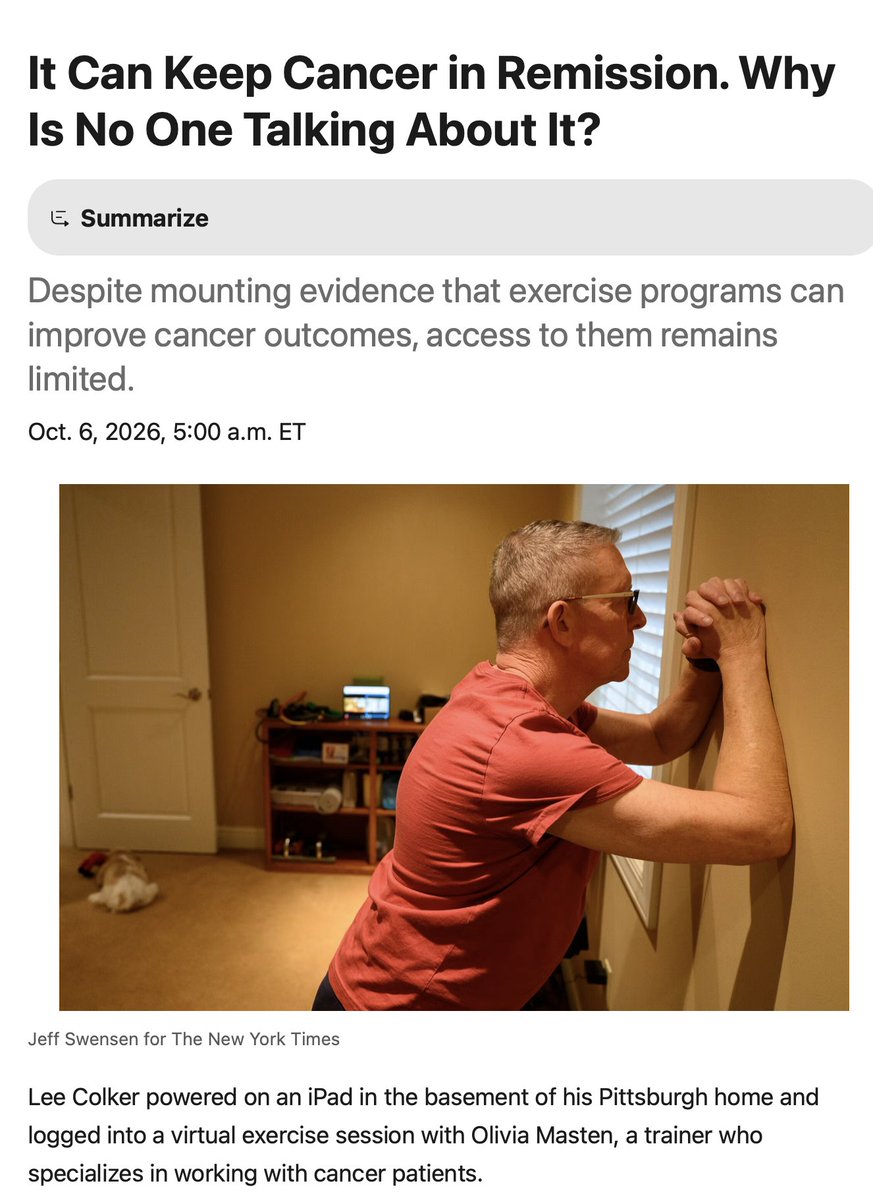EricTopol's tweet photo. Exercise and remission from cancer:  A randomized trial found 37% improved survival, 28% disease-free survival. But little is being done to incorporate in practice except @UPMC 1st health system covering "exercise oncology"  program. 
gift link, by @AgrawalNina 
https://t.co/Wg3XNTwJn1