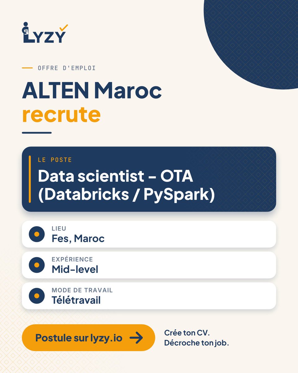 Lyzy_io's tweet photo. ALTEN Maroc recrute un Data scientist OTA (Databricks / PySpark) à Fès. Candidatures avant le 5 novembre.
https://t.co/ITdgkuyJFp #Emploi https://t.co/t2s9kRCIPn