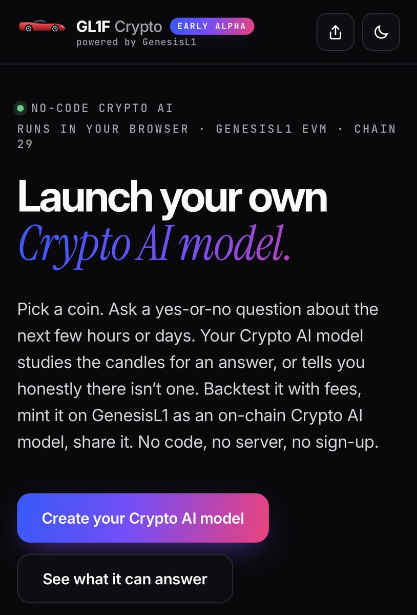 AlbertNaghel's tweet photo. The craziest dapp is live on Genesis genesisl1:native. 

Pumpfun for machine learning! 

You can literally launch your own crypto AI model. 

No code. No server. No sign-up. 

Everyone will learn how to burn $L1 tokens to launch crypto price prediction models for any crypto asset -  bittensor:native , ethereum:0x4a220e6096b25eadb88358cb44068a3248254675 , zcash:native and so on - and eventually monetize them on-chain. 🤯

The game will eventually expand - stocks, sport, weather, whatever, any tabular problem. 

Be ready for the moment the mass will wake on this. ⏳

Working on a tutorial so everyone can understand how easy can you launch AI models with GL1F. 

This can get addictive.

So be ready to burn $L1 tokens on a daily basis. 

Learn GenesisL1. 🤝