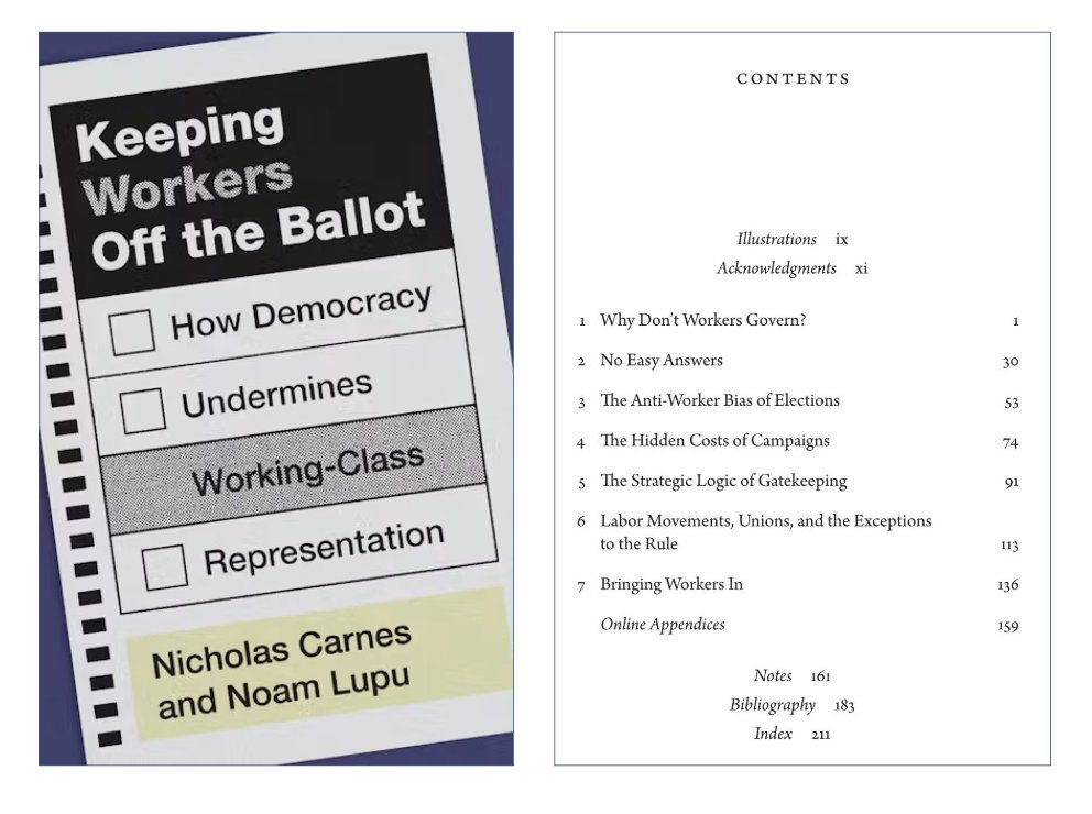 GerardoMunck's tweet photo. Democracy and the Working Class

This new book by Nicholas Carnes and @NoamLupu addresses the question, Why do so few working-class people go on to hold elected office? It considers democracies across the globe.

This is the sort of analysis I have not seen in quite a while and that helps us understand why democracies yield the outcomes they do.

For information on the book: https://t.co/xbvec0XcbZ