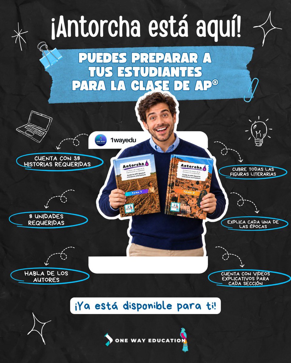 onewayedu's tweet photo. 📚🌎 Preparing your students for the AP® is about much more than learning the language. It’s about helping them connect with the world through Products, Practices, and Perspectives.

With Antorcha, we bring these three elements into the classroom. https://t.co/iaUnS7AyD6