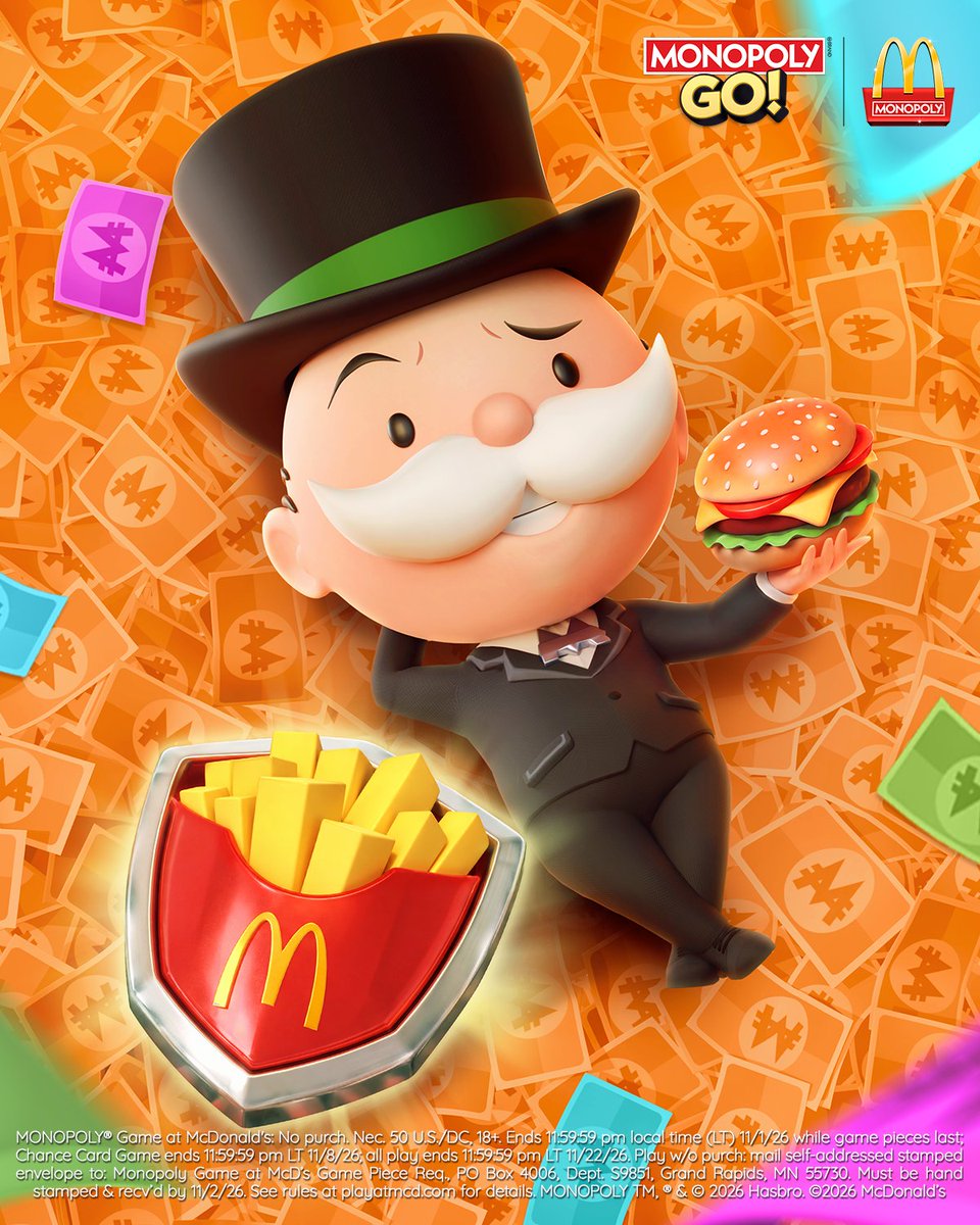 scopely's tweet photo. It's back! 🎲

@MONOPOLYGO! returns to @McDonalds MONOPOLY® Game with fantastic prizes and a chance to strike gold. 💛

🔗 Everything you need to know » https://t.co/KlL4YzGtJo https://t.co/L1QTcoERwC