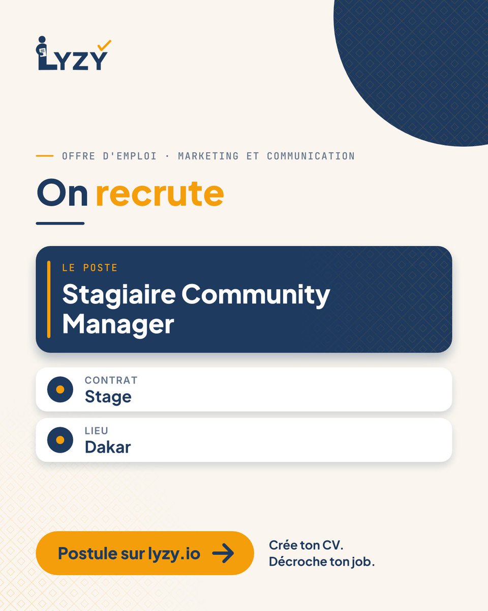 Lyzy_io's tweet photo. Stage à Dakar : community manager (marketing et communication).
https://t.co/Yl6p2iOV2U #Emploi https://t.co/cofKXx1AJ8
