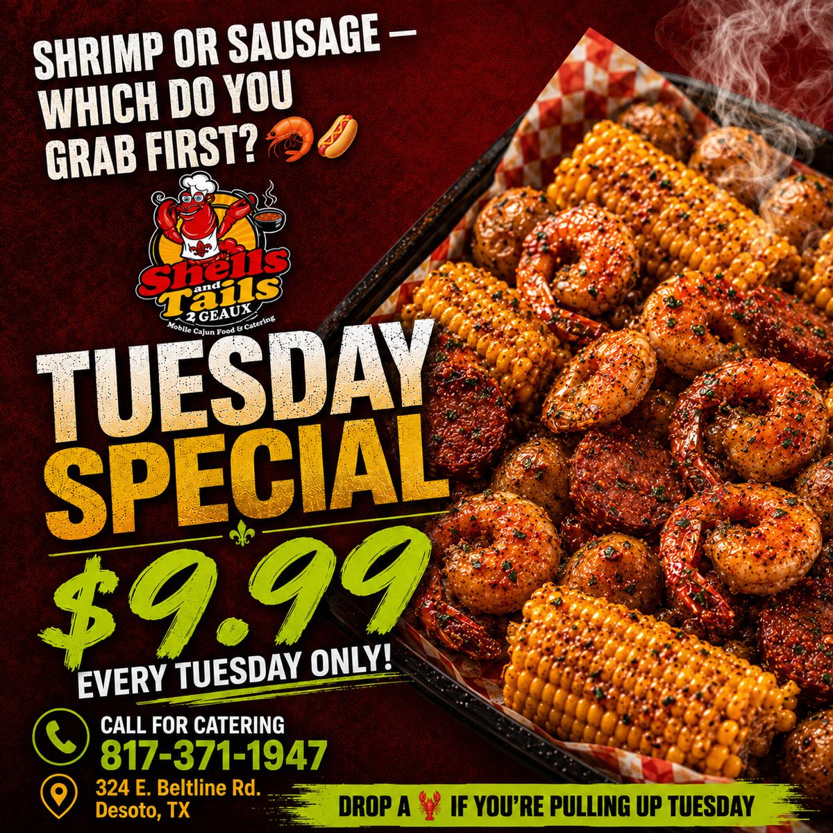 ShellsNTails2Go's tweet photo. SHRIMP OR SAUSAGE — WHICH DO YOU GRAB FIRST? 🍤🌭🤔✨   

Drop a 🦞 in the comments if you’re pulling up or ordering delivery today! 👇💬   

Prefer pickup? Order online directly at https://t.co/dekY8vB9IV! 📲
📍 324 E. Beltline Rd., DeSoto, TX
📞 817-371-1947 https://t.co/t6awW98abs