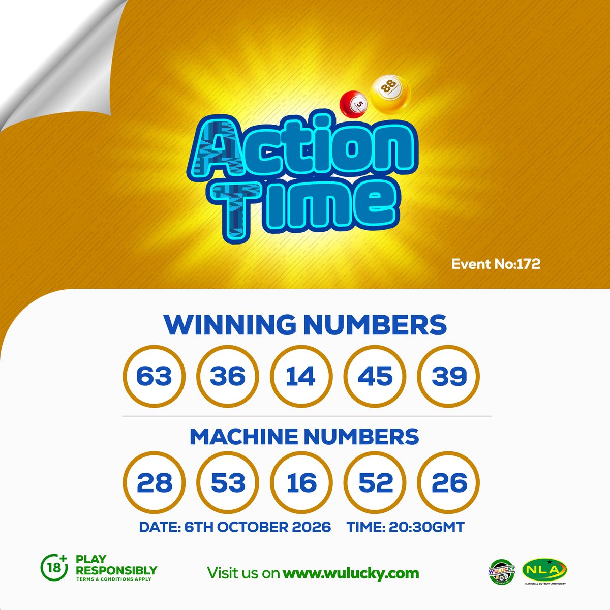 wuluckygh's tweet photo. 2026/10/06 - 20:30GMT- WULUCKY 5/88 ACTION TIME LIVE DRAW - EVENT NO: 172
Live Draw by WuluckyGhana Limited. Regulated by the NLA.

Winnings can be requested or toggled to be received instantly! No one does it better!! 

Wulucky!! Play small, WIN BIG!!

#winbig #wuluckygh #playsmall #cikapuduo #odogwuhour #wulucky588 #wulucky590