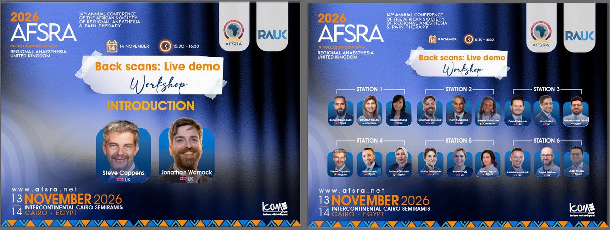 AFSRA10's tweet photo. 🌍 #AFSRA2026 – An exciting faculty line-up! With @RegionalAnaesUK 

The 14th AFSRA Annual Conference is bringing together an impressive international faculty of experts in Regional Anaesthesia, POCUS, Acute & Chronic Pain.

FREE SCAN. LIVE DEMO. HANDS-ON LEARNING.
Seats Are Limited — Don’t Miss Out! Register NOW

Abstract Submission Link: https://t.co/lHGL5G1hXr
Physical Registration: https://t.co/iMpVCJejSv
Virtual Registration: https://t.co/jKhRk4ar1q
Pre-Congress Fluoroscopy-Guided Pain Workshop: https://t.co/MAF0escm9X
Website: https://t.co/NACgwA0oNE
📅13-14 Nov 2026
👉 InterContinental Semiramis Cairo, Egypt

Looking forward to learning, sharing and connecting with colleagues from across Africa and beyond!

#AFSRA2026 #RegionalAnaesthesia #POCUS #ChronicPain #AcutePain #Ultrasound #Anaesthesia #PainMedicine