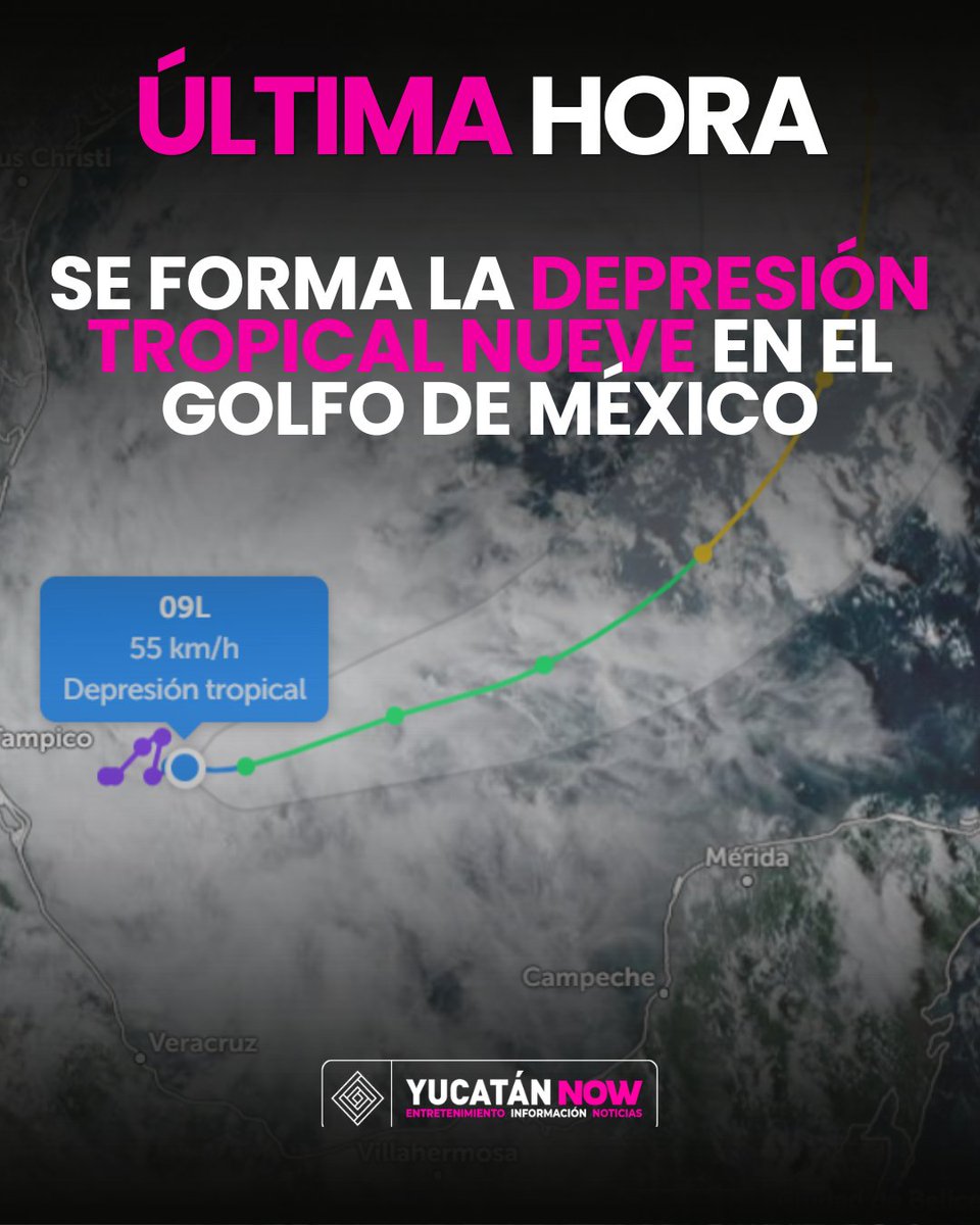 Yucatan_Now's tweet photo. #AlMomento | NACE LA DEPRESIÓN TROPICAL NUEVE FRENTE A LA PENÍNSULA DE YUCATÁN 🚨🌀

Es oficial, el Centro Nacional de Huracanes informó la formación de la Depresión Tropical Nueve en el Golfo de México, sistema con vientos de 55 km/H. 

Este sistema podría evolucionar a la Tormenta Tropical Isaías en el transcurso de las próximas horas y aunque no se prevé un impacto directo, sus bandas dejarán fuertes lluvias a partir de este miércoles en la costa poniente de Yucatán.

Se pide a la ciudadanía a mantener la calma y tomar sus precauciones correspondientes.

#YucatánNow #Ciclón