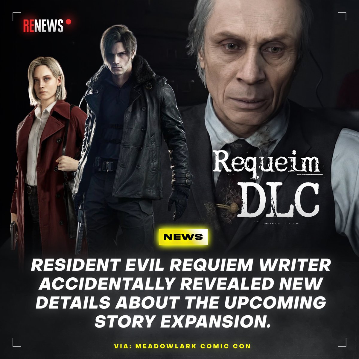 RENews_X's tweet photo. ❗️Resident Evil Requiem writer accidentally revealed new details about the upcoming story DLC.

Haris Orkin, who wrote Resident Evil Requiem and previously worked on Resident Evil Village: Shadows of Rose, said at Meadowlark Comic Con that he is currently writing the upcoming Requiem story expansion, which is planned for release in 2027.

🤔 “We have an arc for Spencer in Requiem. They kind of you understand that more and in the DLC for Requiem, you will understand it even further. So yeah! I probably shouldn’t say that, but yeah.”  

🛠️ He also described the process of working with Capcom on the DLC:  

“I'm working on the DLC for Resident Evil Requiem right now. And it's very, you know, we're kind of working hand in hand. They show me the videos. A lot of times I'll have an alpha build of the game that I'll play as I'm writing it, so I can see, you know, where lines have to go and, you know, and how things are going to work in the game.”