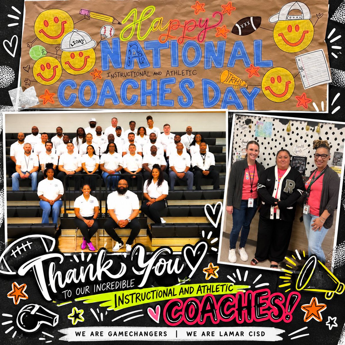 RandleHS's tweet photo. Happy National Coaches Day to our incredible instructional and athletic coaches! 🦁🏆 Thank you for inspiring, supporting, and pushing our Lions to be their best every day! 🖤🤍
#NationalCoachesDay #WeAreGameChangers #WeAreLamarCISD #RandleLions https://t.co/QdpPGcjJVH