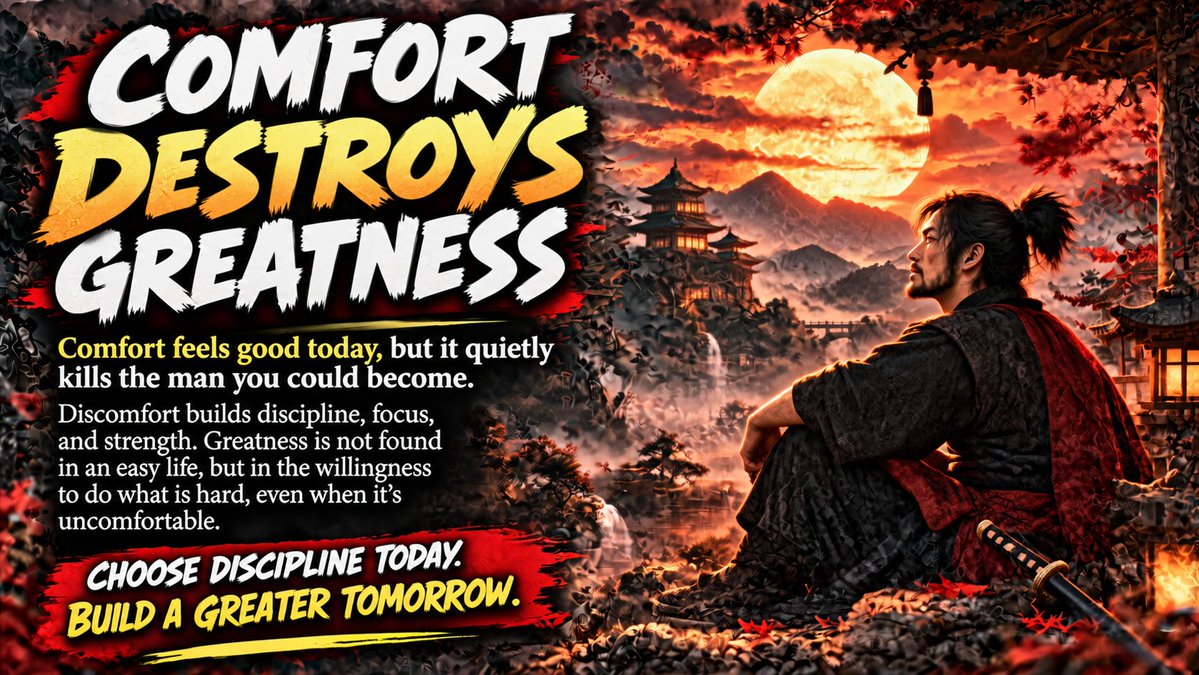 TheInnerPath_'s tweet photo. Comfort feels good today, but staying comfortable for too long can quietly limit who you become. Growth requires challenge, focus, courage, and the willingness to do what is difficult.
Choose discipline today. Build a greater tomorrow.
#SamuraiWisdom #SelfMastery #Discipline #MentalStrength #InnerPath #LifeLessons #Wisdom