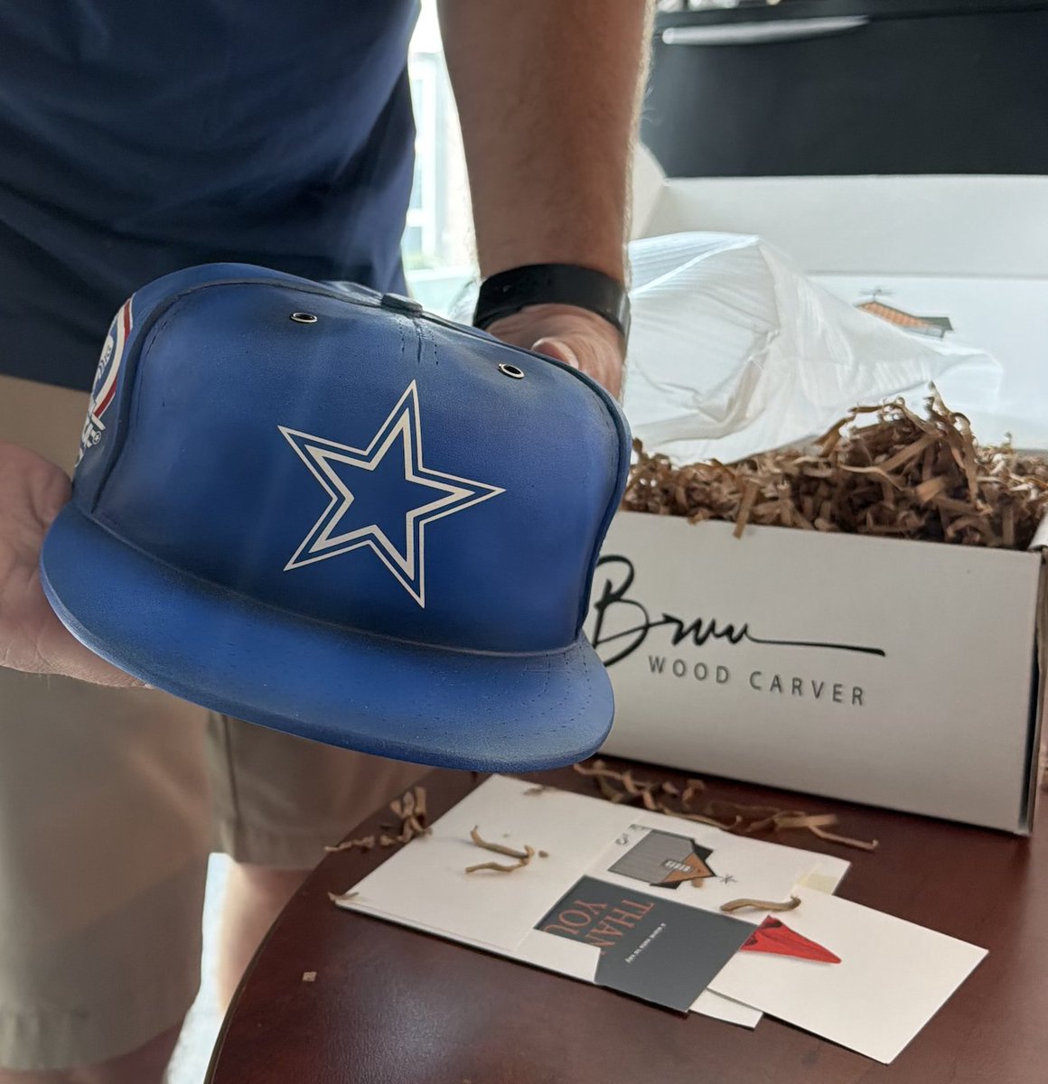 SportsSturm's tweet photo. Our final DYP13 Auction Item is here - This is an amazing wood-carved Cowboys baseball hat and it will be personally signed by the great Roger Staubach for you! Call 888-787-1310 to bid by 6pm! It is 1/1! Thank you, Bob Bruu! https://t.co/Lqvcx1Ukib https://t.co/j5AKVVzViT