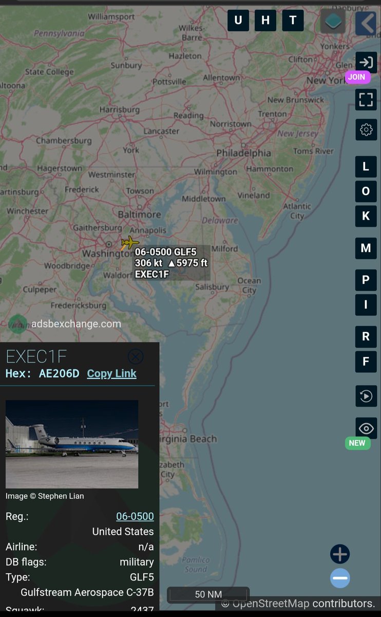 Borrowed7Time's tweet photo. USAF C-37B 06-0500 #AE206D as EXEC1F en route from JB Andrews to Morristown NJ with FLOTUS on board. 
@sipjack1776 @toystark6886 @LadyAstroJet https://t.co/Au9s1SyjpC
