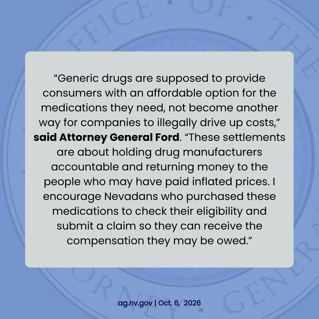 NevadaAG's tweet photo. Today, Attorney General Aaron D. Ford is urging consumers to check their eligibility for compensation for certain generic drug purchases and to submit a claim for compensation at https://t.co/KxlrjubPkn. https://t.co/18654ULBhX