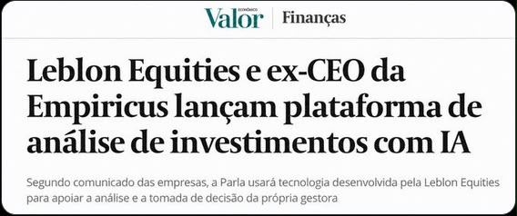PedroChermont's tweet photo. Por 30 anos, ler balanço direito foi privilégio de quem tinha tempo e equipe.

Hoje anunciamos a Parla: a análise que a Leblon faz pra si, aberta à pessoa física.

Quem toca é o Felipe Miranda. A Leblon segue gerindo fundos.

Dado sempre teve de sobra. Faltava o critério pra ler. https://t.co/dKE5ocHxBr