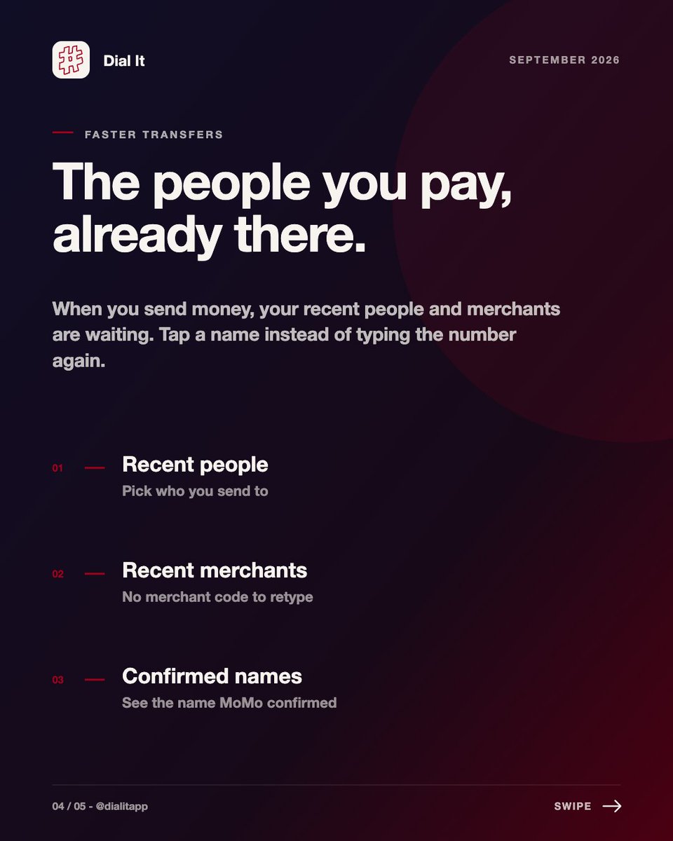 dialitapp's tweet photo. September was about Dial It doing more of the work for you.

We shipped 4 updates to @dialitapp in one month: easier automatic recording on iOS 27, your MoMo balance on Home, recent people and merchants when you send, and a new name on your phone.

It’s Dial It. Officially. https://t.co/wZGYIZ9N8V