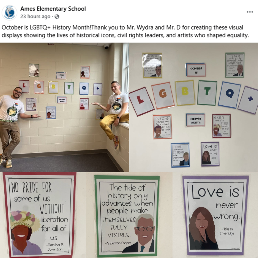 libsoftiktok's tweet photo. OMG. Ames Elementary School in Illinois just made this post PROMOTING LGBTQ propaganda to CHILDREN.

It features quotes from LGBTQ activists, fake news reporters, and a transgender S*X WORKER.

They want to indoctrinate your children! https://t.co/z6voLXCWRI