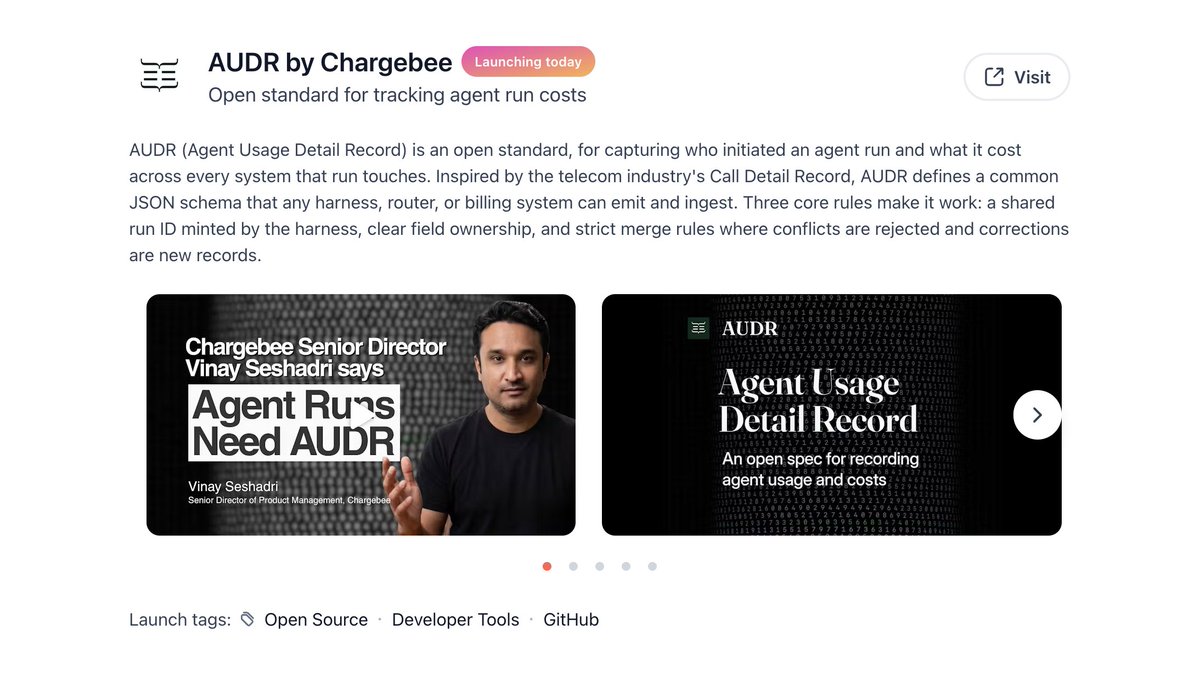 fmerian's tweet photo. There's a need for a way to track agent costs and usage.

@Chargebee just introduced an open standard for that agent run cost record. They pushed the initial commit, with early reviews and contributions from awesome teams in the ecosystem like @mastra.

And they're launching today on @ProductHunt.