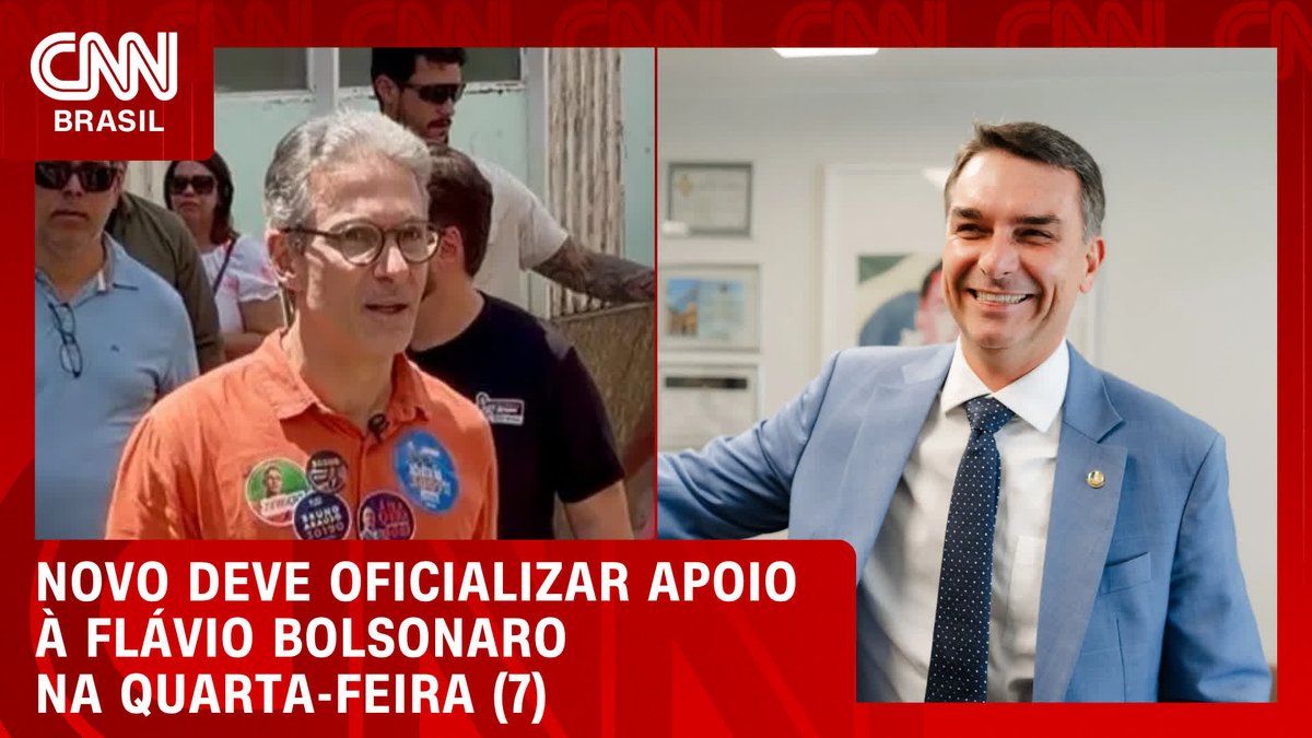 A CNN Brasil news graphic shows a split image of two men, with the text "NOVO DEVE OFICIALIZAR APOIO À FLÁVIO BOLSONARO NA QUARTA-FEIRA (7)" displayed in a red banner at the bottom. The image accompanies a post stating that the NOVO party is expected to officially announce its support for Flávio Bolsonaro on Wednesday the 7th, which is featured on CNN's #CNN360° program.