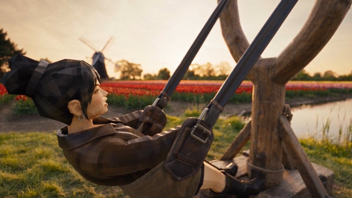 A woman in a checkered headscarf swings on a rope swing across a tulip field at sunset, with a windmill in the background, rendered in sharp, detailed 3D style showcasing the enhanced realism of GPT Image 2.5 on AKOOL.