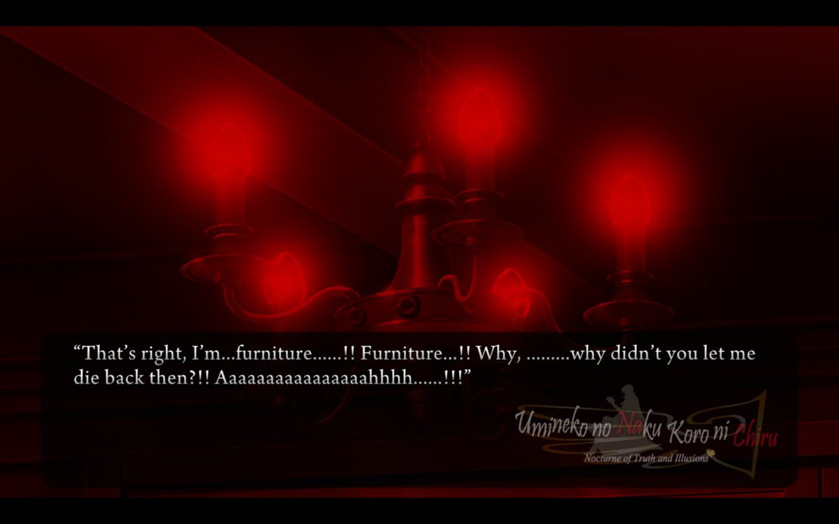 bernkastel281's tweet photo. this was probably the sequence that hit me the hardest on my first playthrough, seeing raw cruelty, stripped from all magical interpretation is just a visceral shock, and what furniture really means to Beatrice... #Umiday26 https://t.co/WOAYbJmVgN
