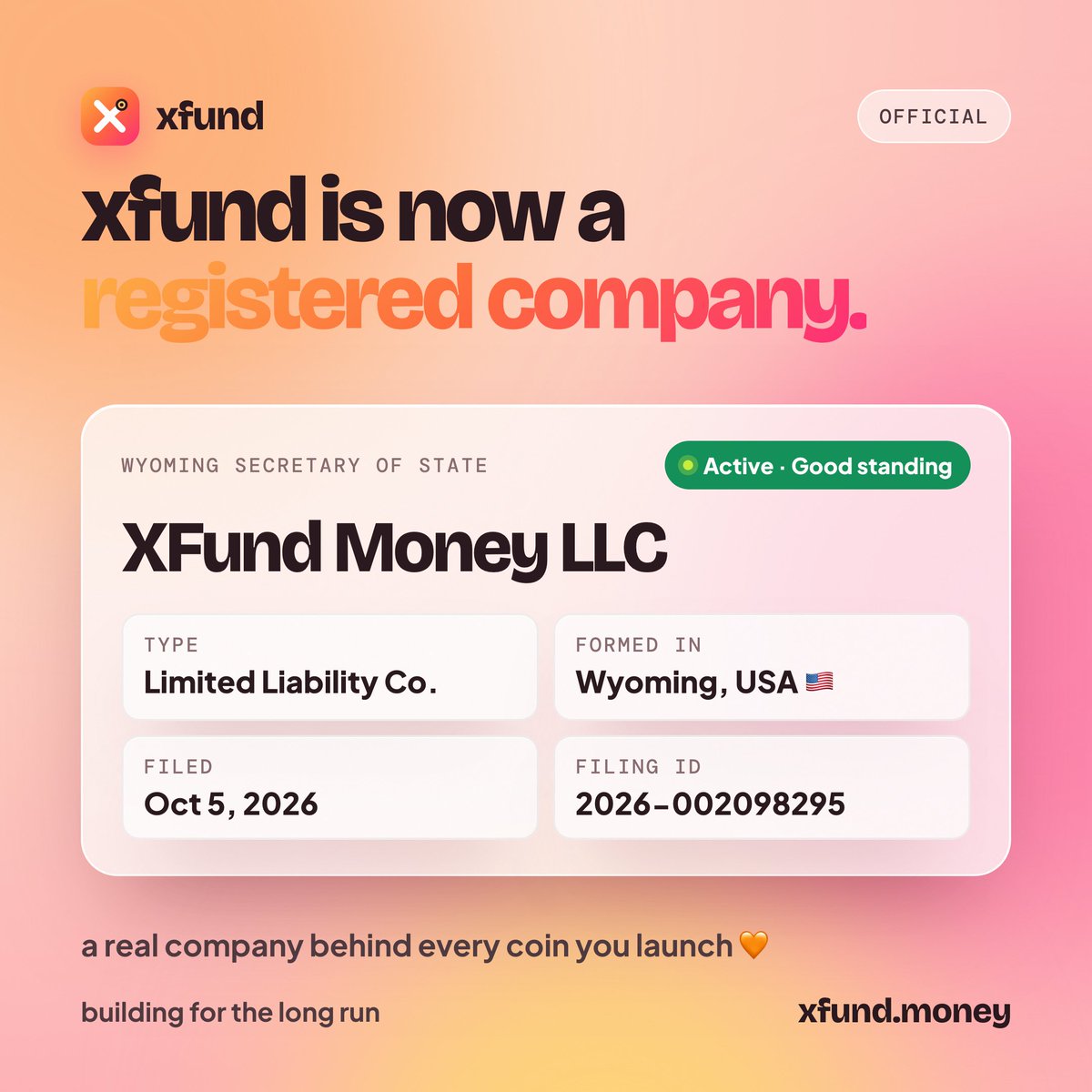 XFUNDMONEY's tweet photo. Xfund is now officially a registered company.

  XFund Money LLC · Wyoming, USA
  Active · Good standing

We are not a weekend project. we're building xfund for the long run.

Verify it yourself: https://t.co/Qjv5vPtr6h → search "XFund Money" (ID 2026-002098295)

https://t.co/gDoPBPApDj
