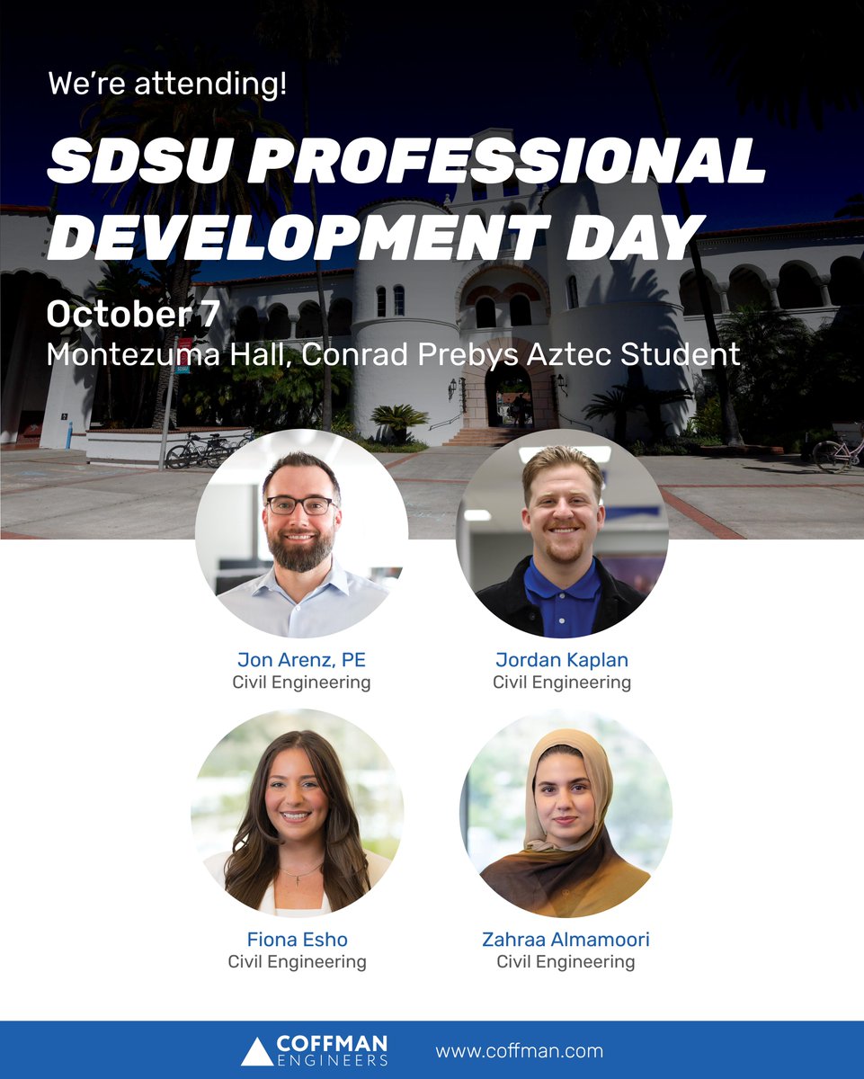 CoffmanEngineer's tweet photo. Headed to SDSU Professional Development Day? Be sure to stop by our table and say hello to our civil team. As a Platinum Sponsor of this year's event, we're excited to connect with students, share our work, and talk about what a career at Coffman can look like. See you there! https://t.co/oYLfqjul9Y