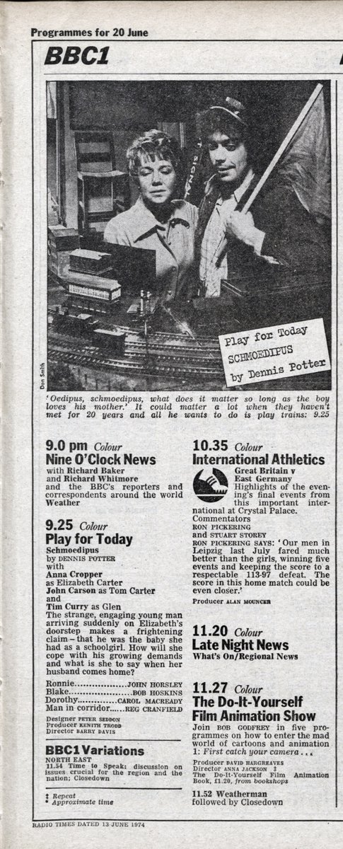 PatrickMulkern's tweet photo. #TimCurry & #RockyHorror fans! Wed 7 Oct BBC4: a rare screening of #Schmoedipus β a #DennisPotter #PlayForToday. First aired 20 Jun 1974 yet actually recorded on 18 Dec 73 when Tim was still in the original London run of Rocky. Don Smith photographed him on set for @RadioTimes https://t.co/EqrbY2Aw5b