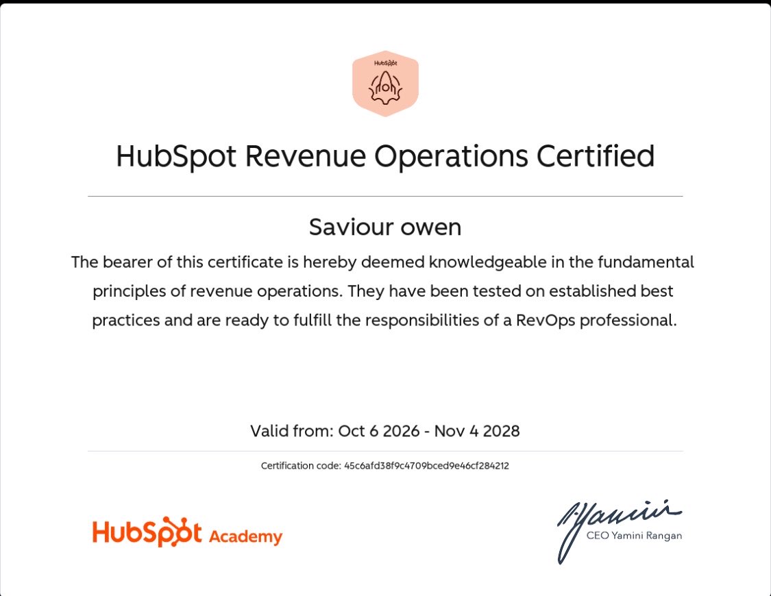 Owensaviour_'s tweet photo. I completed @HubSpotAcademy revops course 
More to go !! https://t.co/HRJu8bEgwl