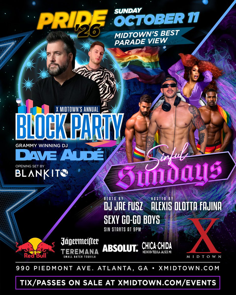 AtlantaGayEvent's tweet photo. Pride Weekend @ X Midtown

Thu, Oct 8th - Kick-Off / MIA STARR
Fri, Oct 9th - DJ ADAMUSIC
Sat, Oct 10th - DJ TRACY YOUNG
Sun, Oct 11th - Block Party / DJ DAVE AUDÉ

X Midtown
990 Piedmont Ave, Atlanta, GA 30309 https://t.co/GRrKuXpzwy
