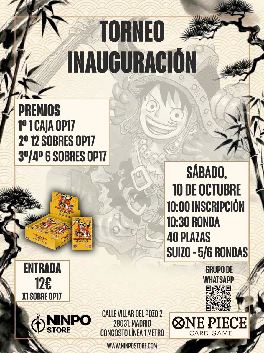 TCGOP_Alert's tweet photo. Kicking off Ninpo Store’s opening tournaments with this awesome One Piece Win-a-Box! Join the group to sign up and stay updated. We can’t wait to see you there! #op madrid comunity CardGame #op #onepiecemadrid #onepiececomunity #OnePiece #OnePieceCardGame https://t.co/hBAYNs6IaM