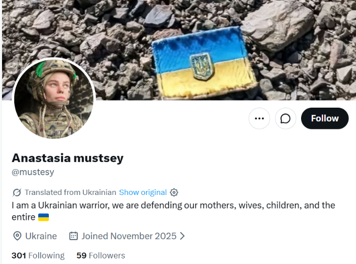 CareyOnCatLady's tweet photo. ❗️Alert!❗️
Previously  @Fury_Adrestia  and @Eisbareisbar  have reported on this fake/scam account, but it is contacting members of our community and attempting to strike up conversations with some.
 I am purposely posting screenshots of the previous reports (instead of 'quoting' it)  as the fake account is tagged, as well as a member of our community who does not wish to be.
Please Report again and Block if you haven't already done so.
Account created  15 Nov 2025. Account is based in Nigeria and connects thru the Nigeria App Store. It does have ❗️VPN tech❗️
No user name changes since its inception.
❌ @ mustesy ❌ aka 'Anastasia mustsey'
Using stolen photos of a real Defender by a very similar name, Anastasia Mutsey. 
This account holder is NOT a member of the Ukraine military.
Please!
☑️REPORT  (Privacy, Spam, Harassment+)
https://t.co/MmoJqatjya 
https://t.co/ZwxXD1L6ol
ID:  1989754148917858304
☑️BLOCK 
☑️REPOST
👉CHECK YOUR FOLLOWER / FOLLOWING LISTS!
  ✴️If you want to be included in my lists, DM/PM me.  Thank you!  
🏁🏁
@Fury_Adrestia @Ukrainiess @SydesJokes @Bupattaya171832 @VerifUnit @Dubliner112 @MrStuartFerrier @ScammersStopped @SalVUs_SerVUs @APearlBird @scammer_joker @MissionArtist @kevinpclarke @wewatchu2 @chrisatsaydo @PelleFella @Gerashchenko_en @TokenAtheist1 @auran_vesdranor @CoolEvvie @ChrisLancasterX @RvdWalbackup @TsavoKitty @hackerkitty1 @nothyphenated @knightlore000 @Hautnina @Eisbareisbar @PriceMatth78136 @ghostoftypolyne @katten260764 @ScamsEverywhere @WaterfordRose @LisaBanksmann @CrimeaRiverBaby @Aggrodrohne @PossumPrincess6 #Fellas #Smokefleet #Smokefl33t #NAFO