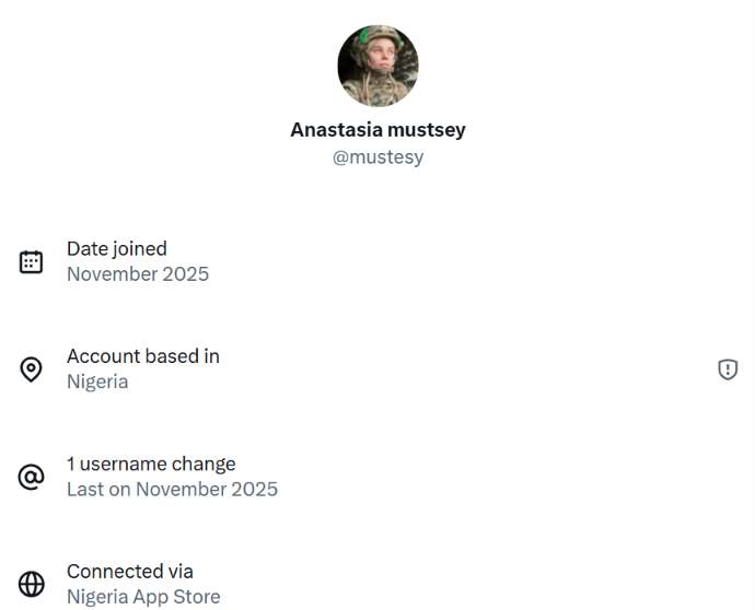 CareyOnCatLady's tweet photo. ❗️Alert!❗️
Previously  @Fury_Adrestia  and @Eisbareisbar  have reported on this fake/scam account, but it is contacting members of our community and attempting to strike up conversations with some.
 I am purposely posting screenshots of the previous reports (instead of 'quoting' it)  as the fake account is tagged, as well as a member of our community who does not wish to be.
Please Report again and Block if you haven't already done so.
Account created  15 Nov 2025. Account is based in Nigeria and connects thru the Nigeria App Store. It does have ❗️VPN tech❗️
No user name changes since its inception.
❌ @ mustesy ❌ aka 'Anastasia mustsey'
Using stolen photos of a real Defender by a very similar name, Anastasia Mutsey. 
This account holder is NOT a member of the Ukraine military.
Please!
☑️REPORT  (Privacy, Spam, Harassment+)
https://t.co/MmoJqatjya 
https://t.co/ZwxXD1L6ol
ID:  1989754148917858304
☑️BLOCK 
☑️REPOST
👉CHECK YOUR FOLLOWER / FOLLOWING LISTS!
  ✴️If you want to be included in my lists, DM/PM me.  Thank you!  
🏁🏁
@Fury_Adrestia @Ukrainiess @SydesJokes @Bupattaya171832 @VerifUnit @Dubliner112 @MrStuartFerrier @ScammersStopped @SalVUs_SerVUs @APearlBird @scammer_joker @MissionArtist @kevinpclarke @wewatchu2 @chrisatsaydo @PelleFella @Gerashchenko_en @TokenAtheist1 @auran_vesdranor @CoolEvvie @ChrisLancasterX @RvdWalbackup @TsavoKitty @hackerkitty1 @nothyphenated @knightlore000 @Hautnina @Eisbareisbar @PriceMatth78136 @ghostoftypolyne @katten260764 @ScamsEverywhere @WaterfordRose @LisaBanksmann @CrimeaRiverBaby @Aggrodrohne @PossumPrincess6 #Fellas #Smokefleet #Smokefl33t #NAFO