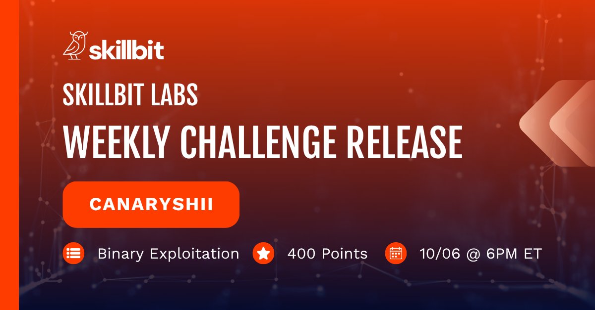 SkillBitLabs's tweet photo. The first weekly challenge of October is dropping tonight at 6:00pm ET!

This new challenge might just put your binary exploitation skills to the test 👀 https://t.co/zRdMVMmyJA