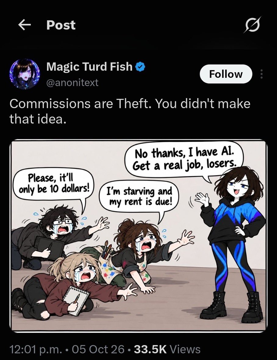 ItsJustBanshy's tweet photo. Its looser’s like these that make me love the fact i got lectured in school about the use of ai as a tool, and not a final product, and that a human can produce better artistic work then ai ever will be able to in our life time. https://t.co/pxpjQbmiBF