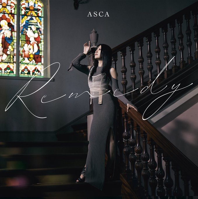 An album or single cover titled "Remedy" by ASCA shows the artist in a long grey dress on a staircase beside stained glass windows.
