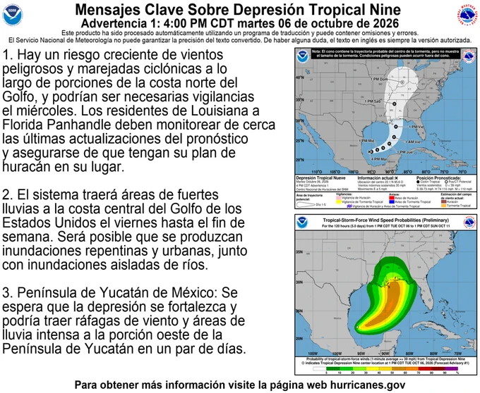 Mensajes clave:
1. Hay un riesgo creciente de vientos peligrosos y marejadas ciclónicas a lo largo de porciones de la costa norte del Golfo, y podrían ser necesarias vigilancias el miércoles. Los residentes de Louisiana a Florida Panhandle deben monitorear de cerca las últimas actualizaciones del pronóstico y asegurarse de que tengan su plan de huracán en su lugar.
2. El sistema traerá áreas de fuertes lluvias a la costa central del Golfo de los Estados Unidos el viernes hasta el fin de semana. Será posible que se produzcan inundaciones repentinas y urbanas, junto con inundaciones aisladas de ríos.
3. Península de Yucatán de México: Se espera que la depresión se fortalezca y podría traer ráfagas de viento y áreas de lluvia intensa a la porción oeste de la Península de Yucatán en un par de días.