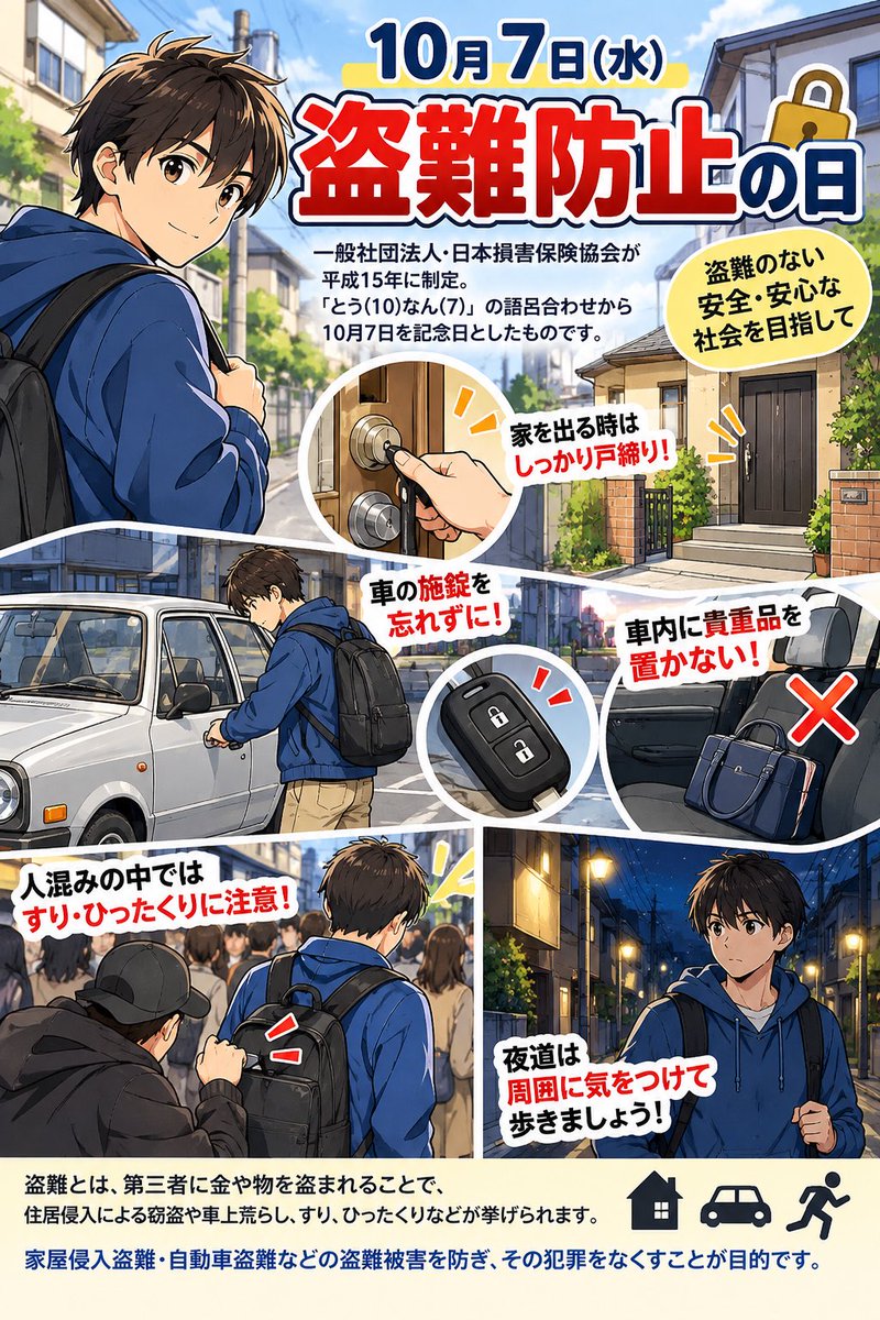 Canbus2018's tweet photo. 今日は10月7日 盗難防止の日

一般社団法人・日本損害保険協会が平成15年に制定

日付は「とう(10)なん(7)」 (盗難)と読む語呂合わせから

家屋侵入盗難・自動車盗難などの盗難被害を防ぎ、その犯罪をなくすことが目的

大谷5番 広島・坂倉将吾FA宣言 https://t.co/75KNRbIA1K