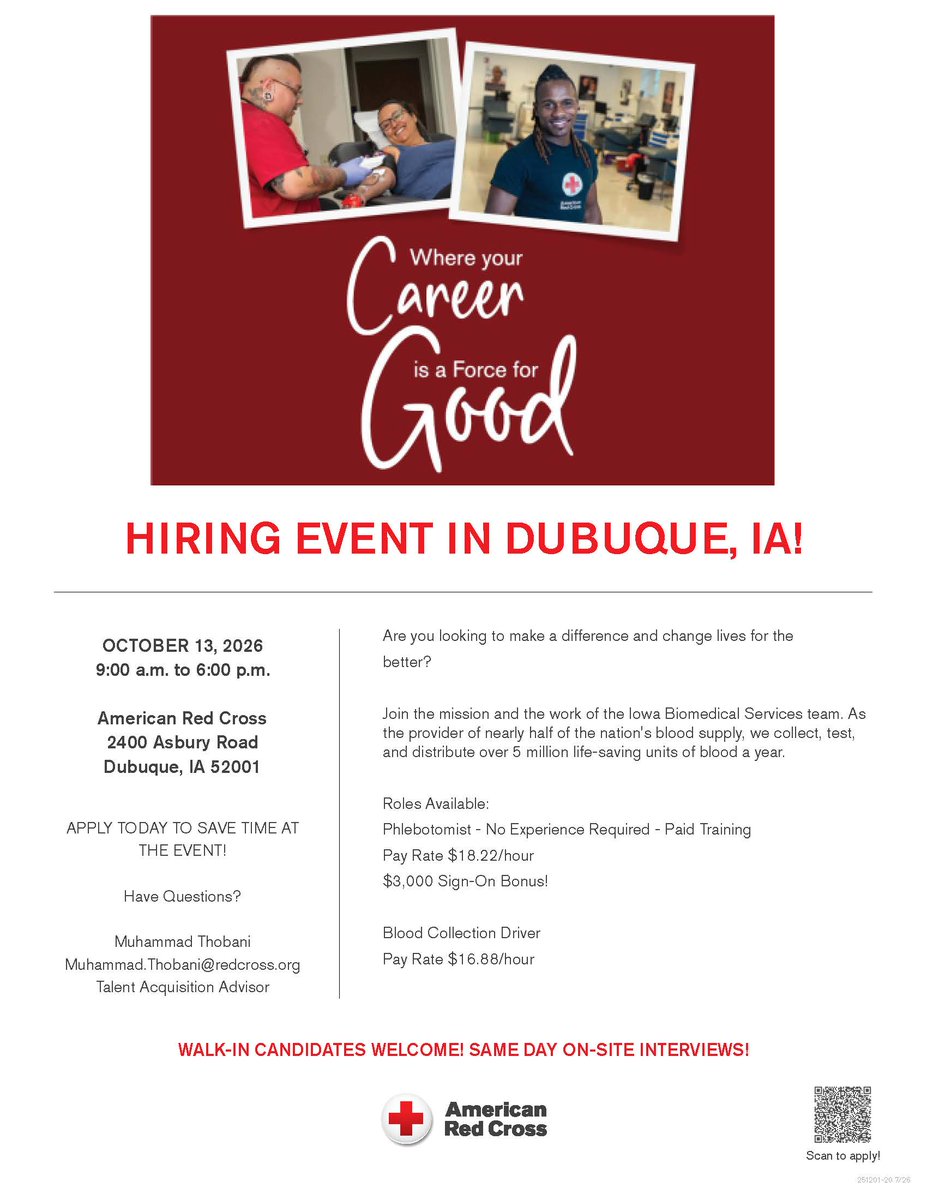 IowaRedCross's tweet photo. Are you looking to make a difference and change lives for the better?

Consider joining us for a hiring event in Dubuque on October 13. https://t.co/eOq0FZd74f
