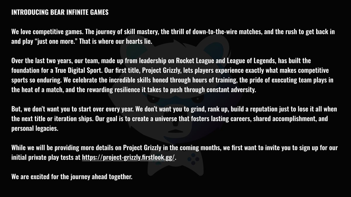 bearinfinitegms's tweet photo. Introducing Bear Infinite Games. 

Sign-up to playtest our first true digital sport on Firstlook: https://t.co/sAxyWpb3ZI https://t.co/EXyYdvAVFN